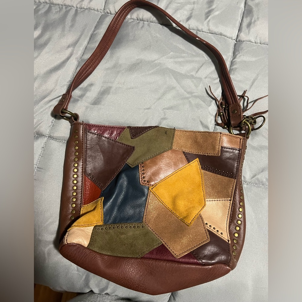 The Sak Patchwork Leather Shoulder Bag in Brown, Tan, Mustard, Olive, Navy
